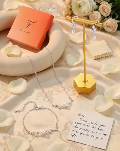 3Pcs 14K Gold Plated Pearl Bridal Jewelry Set for Women | Pearl necklace, drop earrings and bracelet set with cubic zirconia for bride bridesmaid wedding prom and party accessories - color: Silver Plated-3CZ-Pearl