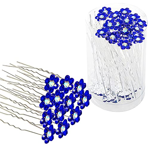 Rhinestone Flower Hair Pins, 40 Pcs U-Shaped Crystal Party Wedding Bridal Hair Accessories for Women Girls (Blue) - color: Blue