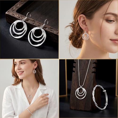 3 Pack Silver Jewelry Sets for Women, Boho Necklace & Earring & Adjustable Bracelet