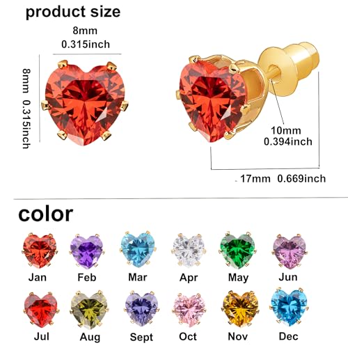 8mm Heart-Cut Birthstone Stud Earrings for Women – 18K Gold Plated Hypoallergenic Cubic Zirconia Earrings, Nickel Free, 12 Months Colors, Everyday Jewelry, Gift for Her, Bridal, Birthday, Christmas - color: 01 Jan Garnet