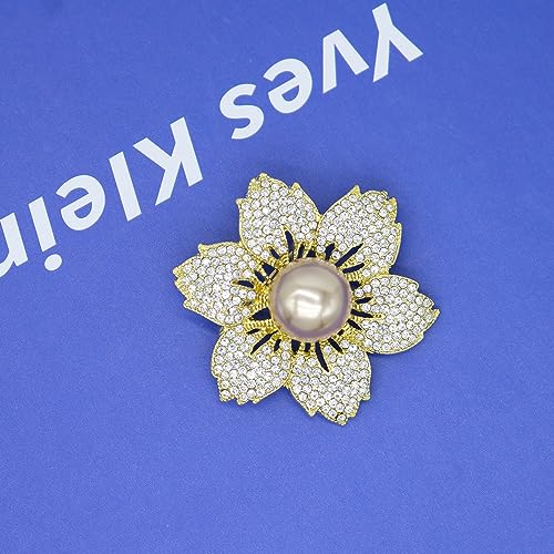 Gold/Silver Bauhinia Flower Crystal Brooches Pins Fashion Beautiful Created Rhinestone Pearl Floral Brooch Good Idea for Party Dance Wedding Banquet for Elegant Women Girl (Style 1)