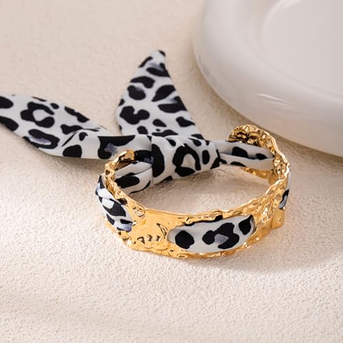 Hammered Gold Metal Silk Scarf Bangle Women,Chunky Fabric Wrapped Open Cuff Bracelet,Boho Ethnic Style Geometric Jewelry, Elegant Statement Wrist - color: White