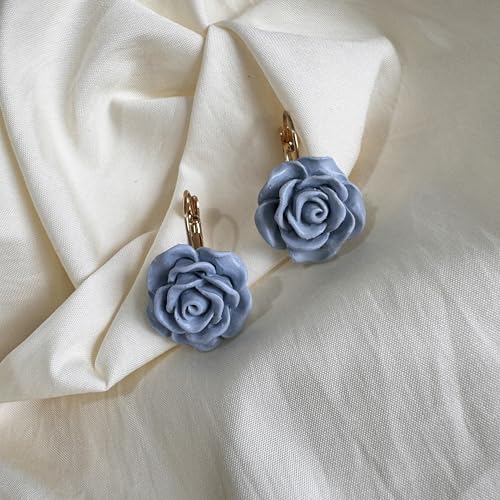 Handmade Bohemian Aesthetic Dainty Acrylic Flower Petal Leverback Earrings Sparkly 14K Gold Floral Dangle Drop Earrings for Women - color: Haze Blue