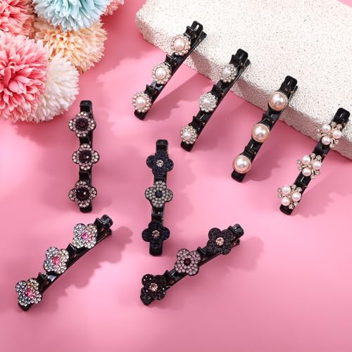 8 Pcs Braided Hair Clips for Women, Sparkling Crystal Stone Pearl Barrette | Rhinestone Duckbill Braid Clips for Women with 3 Small Flower Crystal Hair Accessories Girls Styling Sectioning - color: PURPLE, PINK AND WHITE