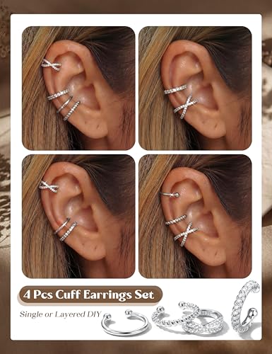 LOLIAS 925 Sterling Silver Ear Cuffs Non Piercing - 14K Gold Plated Ear Cuff Earrings for Women Adjustable Clip on Cartialge Earrings Non Pierced Fake Earring Stacks - color: Silver-Cross Style