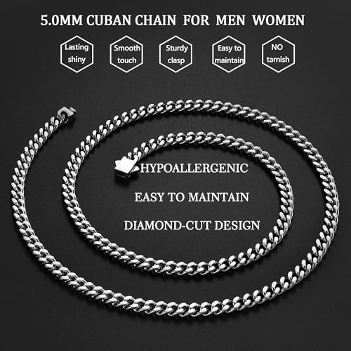 Fiusem Silver Tone/Black/14K Gold Plated Chain Necklace for Men, 5mm/6mm/7.5mm/8mm/9mm Stainless Steel Cuban Link Chain Necklace, Men's Chains 18-28 Inch Jewelry Gifts - size: 22", style: 5mm silver