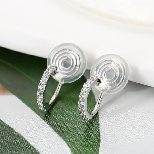 Clip On Hoop Earrings for Women Non Pierced Cubic Zirconia Huggie Hoops 14K Gold Plated CZ Clip On Earrings Adjustable No Piercing Fake Earrings - color: Silver, size: 10 MM