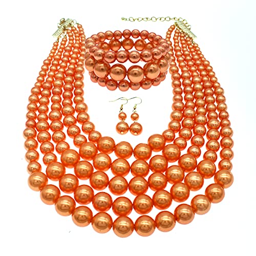 JNF Large Faux Pearl Necklaces for Women Multi strand Pearl Necklace Bracelet and Earrings Set 1920s Costume Pearls Necklace Jewelry Accessories - color: Orange Pearl Necklace