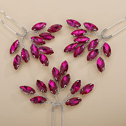 Teyglen 3pcs Bridal Crystal Hair Pins Rhinestones Hair Pieces Simple Crystal Wedding Hair Accessories Handmade Hair Pins for Women Bride(Rose Red) - color: Rose Red