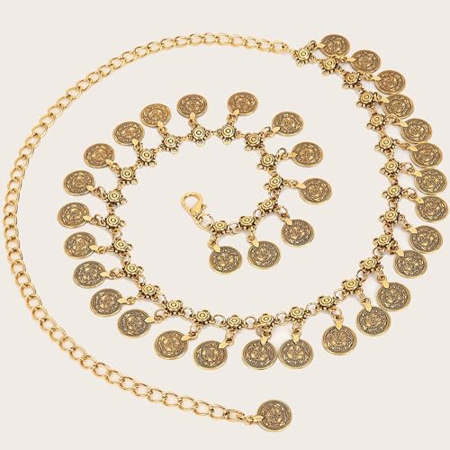 Women Waist Chain Gold Coin Belt Body Chain Metal Link Multilayer Pendant Waist Belt for Prom Party Festival