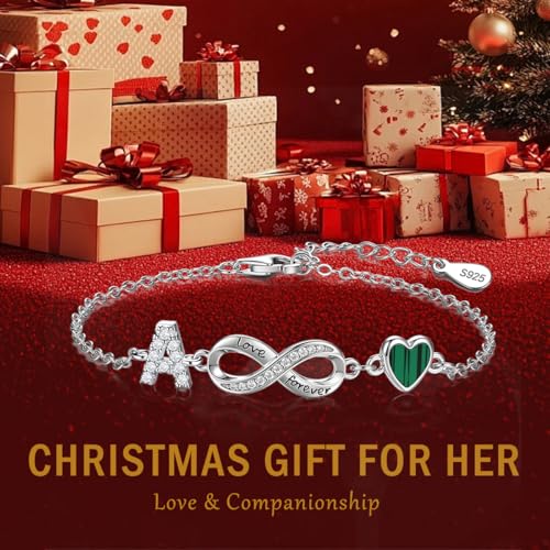 925 Sterling Silver Adjustable Letter Bracelets Infinity Heart Emerald Charm Link Bracelet ,Personalized Charm Alphabet Jewelry Valentines Christmas Mother’s Day Birthday Gifts - color: A