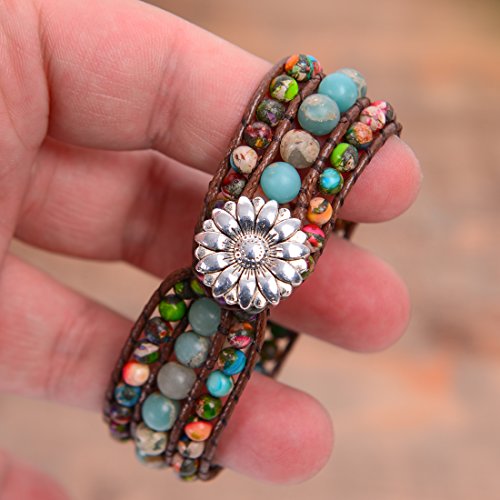 YGLINE Boho Handmade Natural Stone Bead 3 Row Wide Wrap Wrist Statment Bracelet Jewelry Collection - color: regalite &agalmatolite