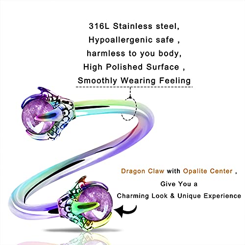 OUFER Twist Helix Earring 316L Stainless Steel Dragon Claw with Opalite Center 16G Twist Lip Labret Cartilage Upper Lobe Piercing Jewelry - color: Rainbow Amethyst