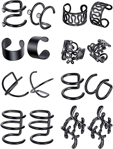16pcs Stainless Steel Ear Cuff Earrings for Men Women Non Piercing Clip On Cartilage Earcuff Wrap Hypoallergenic Earrings Set - color: black