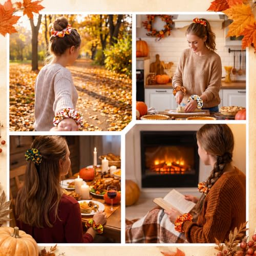 80 Pcs Fall Satin Hair Scrunchies for Women Girls Autumn Thanksgiving Pumpkin Maple Leaves Hair Ties Turkey Elastic Bands Bulk for Autumn Harvest Party Favors Gift Accessories - style: Fall