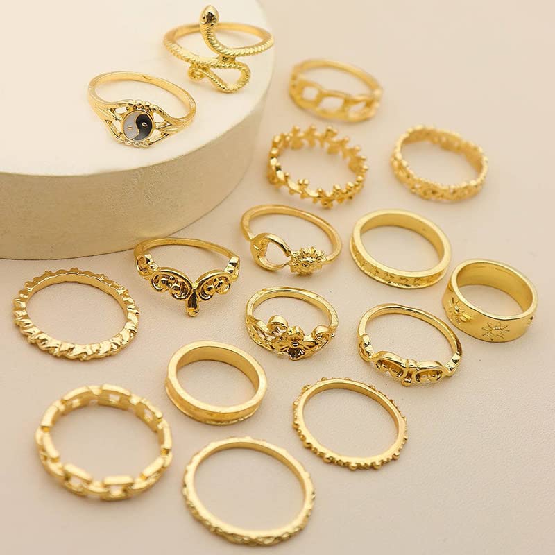 Gold Stackable Ring Sets Yin Yang Patterns Adjustable Alloy Finger Rings for Punk Boho & Daily Wedding Jewelry - color: Multicolor3