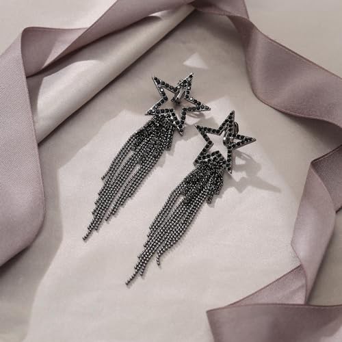 EVER FAITH Crystal Long Waterfall Star Tassel Clip-on Earrings for Women | Rhinestone Beaded Fringe Chandelier Dangle Statement Earring, Wedding Party Jewelry - color: Black Black-Tone