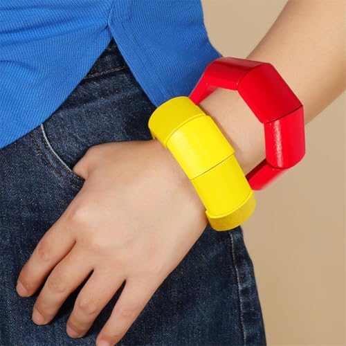 KIFEDSLJ Colorful Wooden Beads Stretch Bracelet Handmade Wide Chunky Bangle Bohemian Wood Wristband for Women Jewelry - color: yellow