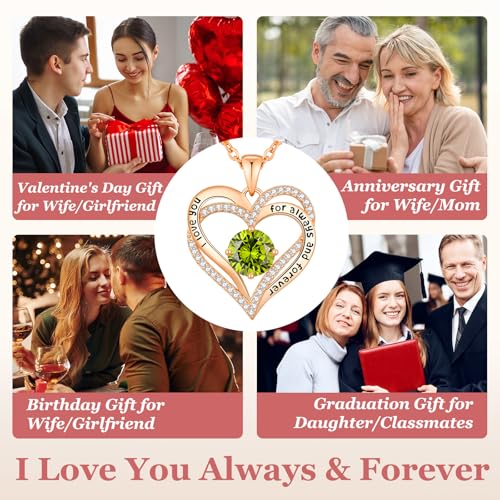 CDE Engraved Forever Love Heart Birthstone Necklace Jewelry Gifts for Women | Hypoallergenic,Nickel-Free & Lead-Free,3 x 3 mm 5A CZ Heart Pendant,Anniversary Christmas Birthday Gift for Girlfriend Wife - color: 08-Aug, style: Rose Gold Plated
