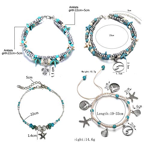 Softones Blue Starfish Turtle Anklet Multilayer Charm Beads Sea Handmade Boho Anklet Foot Jewelry for Women - style: G:4pcs Turtle Wave Starfish Shell