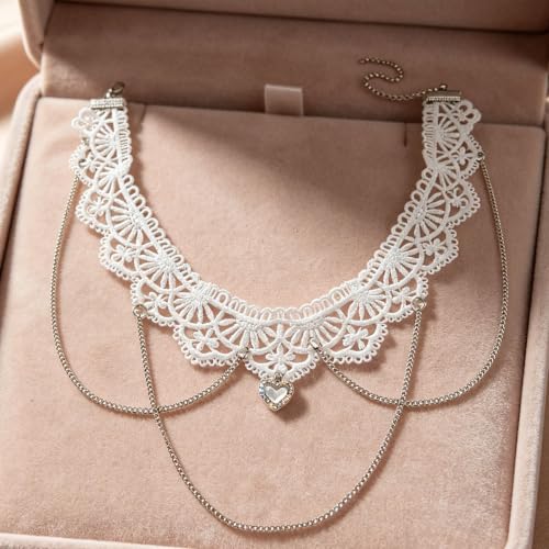 Lace Heart Choker Necklace, Multi-Layer Tassel Gothic Lolita Jewelry | Lace choker with heart pendant and multi-layer tassels. Romantic gothic aesthetic, perfect for lolita or edgy party looks.