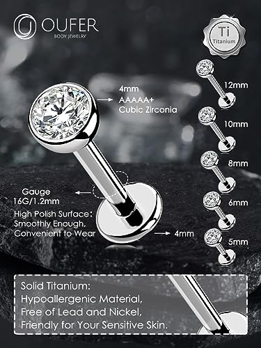 OUFER 2Pcs 20G/18G/16G G23 Titanium Threadless Nose Stud Earrings Flat Back Tiny CZ Small Nose Helix Cartilage Tragus Conch Labret Medusa Monroe Piercing Jewelry for Women Men - color: Silver, size: 2pcs, 16g 5mm, 4mm cz