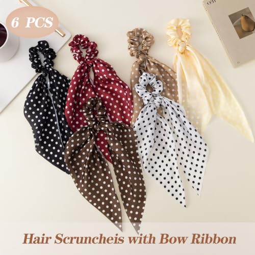 6 PCS Scrunchies with Bow, Bow Hair Ties with Polka Dot | Hair Scarf Scrunchies for Women Girls, Knotted Bows Silk Hair Ties, Satin Hair Ribbon Elastic Hair Tie, Long - color: Polka Dot