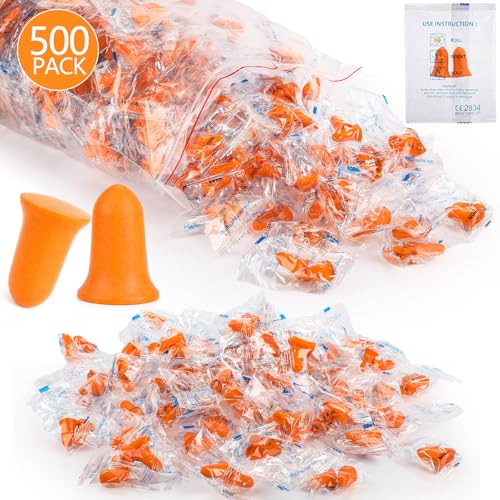 Relaxweex 500 Pairs Ear Plugs for Sleeping 33 db NRR Noise Canceling Ear Plugs Bulk Pre-Shaped Foam Disposable Earplugs for Shooting Range Travel Concert Construction Work, Individually Packaged