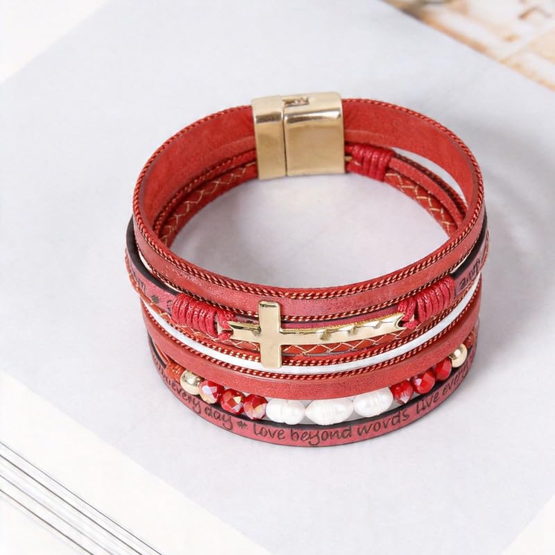 Purple Cross Leather Wrap Bracelet for Women Boho Handmade Multi Layer Cuff Crystal Beads Stackable Western Style Jewelry Gift - color: Red Cross Leather Wrap Bracelet