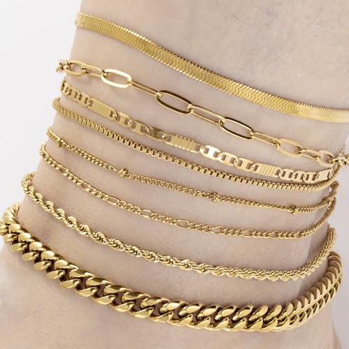 Gold Stainless Steel Anklet Chain for Women Adjustable Ankle Bracelet Fashionable Simple Design, Round mold chain - color: Gold+ Figure eight chain, size: 22+3cm