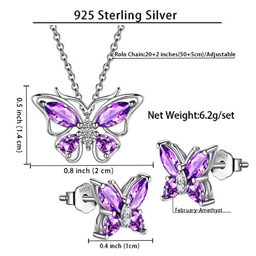 925 Sterling Silver Birthstone Butterfly Jewelry Women Crystal Animal Cute Butterflies Birthday Necklace/Earring/Ring/Bracelet Sets Birth Stone Statement Anniversary Jewellery - color: 1-B.February-Amethyst