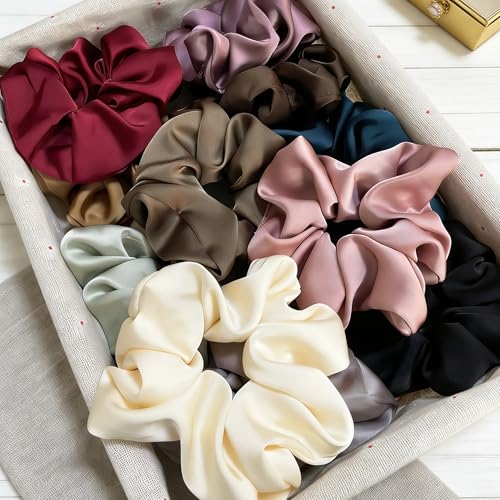 Big Satin Scrunchies for Women, 5.2 Inches Large Scrunchie, Silk Elastic Ponytail Holders for Girls, Jumbo Hair Ties for Thick/Curly Hair, Soft Scrunchy No Crease No Pilling, 4 Pack - color: Black+Brown