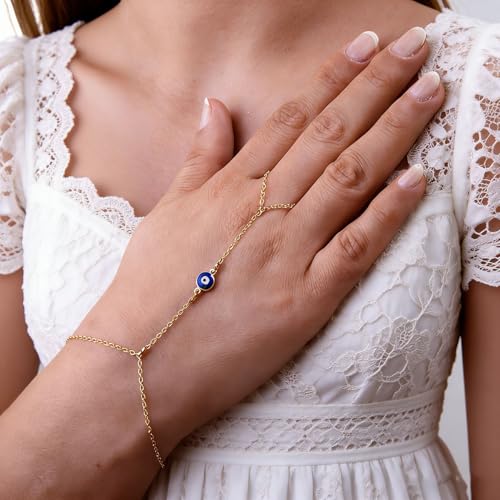 Evil Eye, Heart, Cross-Gold Ring Bracelet Hand Chain Layered Finger Bracelets for Women Delicate Link Chain Jewelry - style: evil eyes
