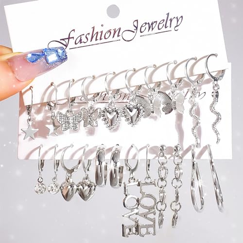 IFKM 24 Pairs Gold Hoop Earrings Set for Women Hypoallergenic Chunky Chain Twisted Open Hoops Dangle Earring Packs for Birthday Party Christmas Fashion Jewelry Gift - color: 26 Pairs Silver Cute