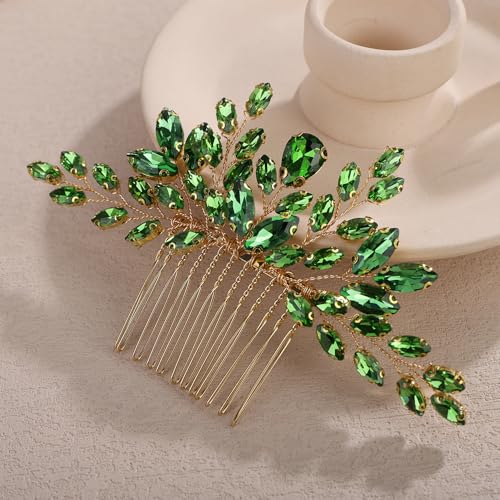 Teyglen Bridal Crystal Hair Comb Full Green Rhinestone Wedding Hair Comb Teardrop Hair Piece for Bride Wedding Hair Accessories for Women Bridal Headpiece (Green) - color: Green
