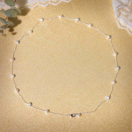 925 Sterling Silver Lariat Necklace for Women | Long 14K Gold Plated Y-Shaped Pearl Necklace CZ Crystal Ball Sparkle Necklace for Mother Daughter Bride Wedding Jewelry - color: Style 4-Silver