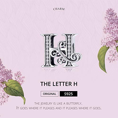 BISAER 925 Sterling Silver Initial Letter A-Z Charms for Bracelets Alphabet Beads Charm Jewelry Gifts - color: Letter H