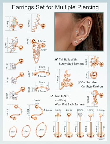 ORAZIO 16 Gauge Cartilage Earrings for Women-Hypoallergenic Surgical Stainless Steel Tragus Earring Set Threadless Flat Back Earrings Push in Nose Studs Daith Conch Tragus Helix Piercing Jewelry - color: Rose Gold Tone