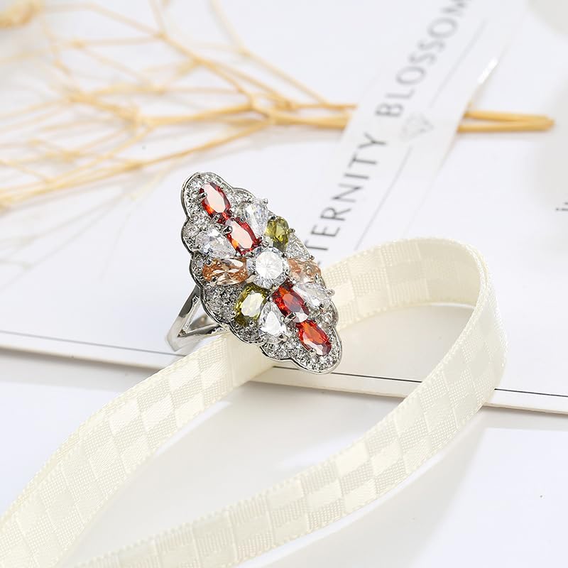 Luxury Women's Cubic Zirconia Crystal Flower Big Cocktail Statement Rings Fashion Art Deco925 Silver Created Gem Filled Cluster Flower Lndex Finger Ring(8#), XG12-R002-A08 - size: 8#