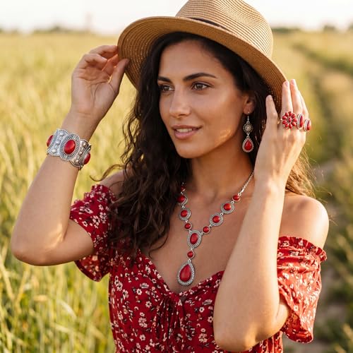 Ecally Bohemian Western Jewelry Turquoise Set Women Country Pendant Long Choker Layered Bracelets Earrings Ring for Women - color: Red, style: Stylish