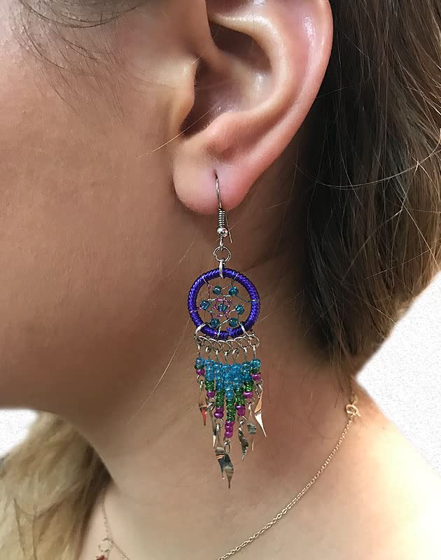 Beaded Dreamcatcher Earrings for Women, Long Boho Fringe Dangle Earrings, Lightweight Colorful Statement Jewelry, Handmade - color: Purple, Turquoise & Green