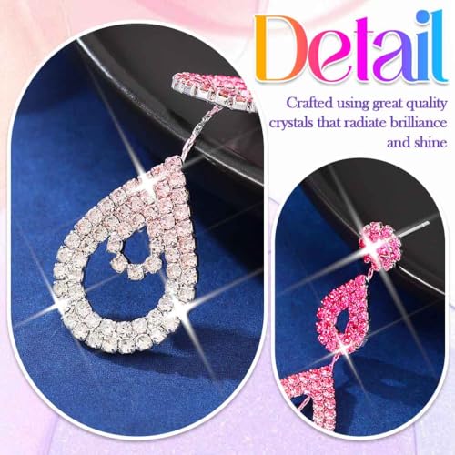 Catery Long Rhinestone Earrings Silver Pageant Earrings Dangling for Women Wedding - color: Hot Pink