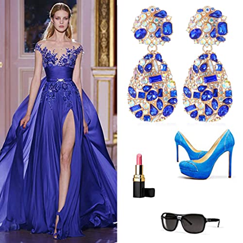 Rhinestone Statement Earrings Teardrop Costume Earrings Cluster Crystal Chandelier Drop Dangle Earrings for Women - color: Blue