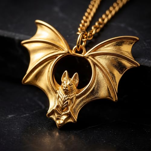 Slip Chain Necklace for Women Gothic Stainless Steel Bar Pendant Cuban Link Necklaces Adjustable Goth O Ring Long Necklaces Punk Rock Collar Choker Trendy Lariat Y Necklace - color: Gold bat