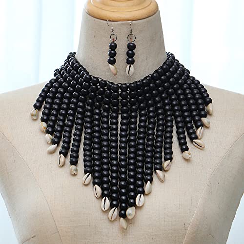 COLORFUL BLING Chunky Wooden Beaded Seed Bib Collar Necklace Boho Layered Africa Wood Shell Strand Choker Necklace Jewelry Set for Women - color: black
