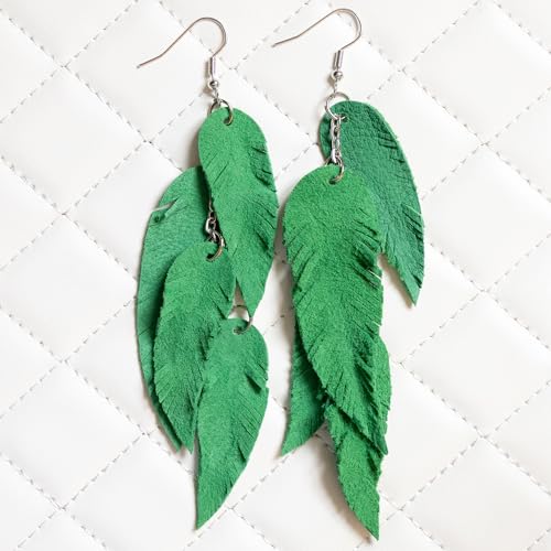 Leather Feather Earrings, Suede layered earrings, boho wedding jewelry, summer earrings, gift for her, dangle earrings - color: green