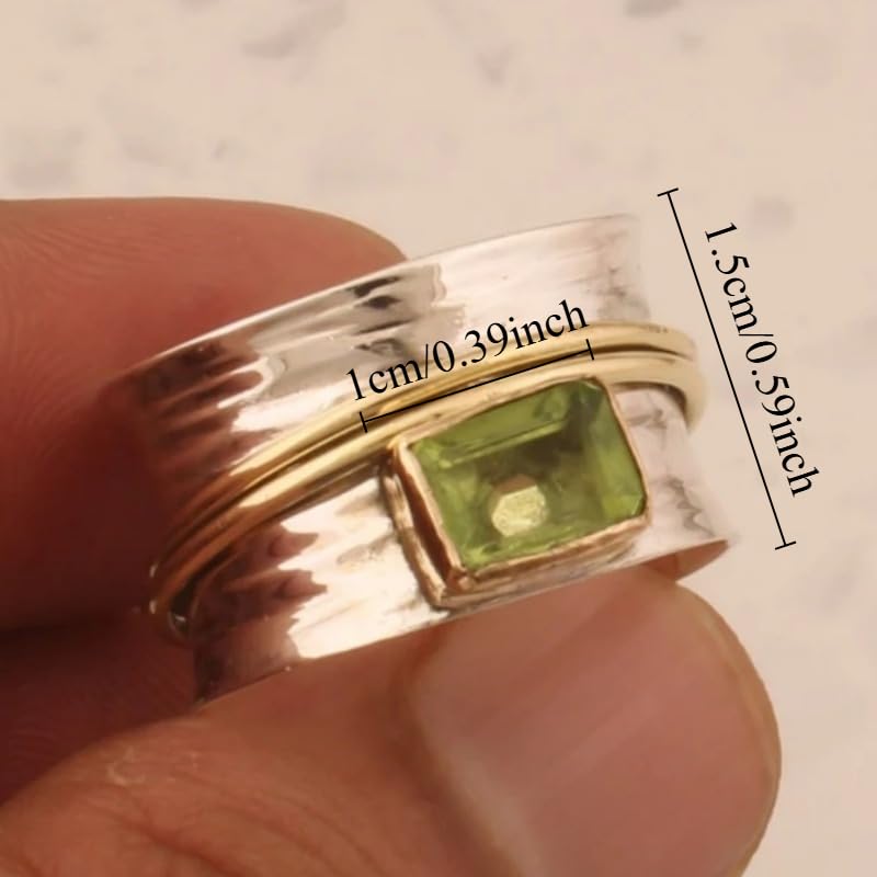 Creative Olive Green Synthetic Gemstone Two Tone Wide Ring for Women Party Vacation Bohemian Jewelry - color: Silver & Gold
