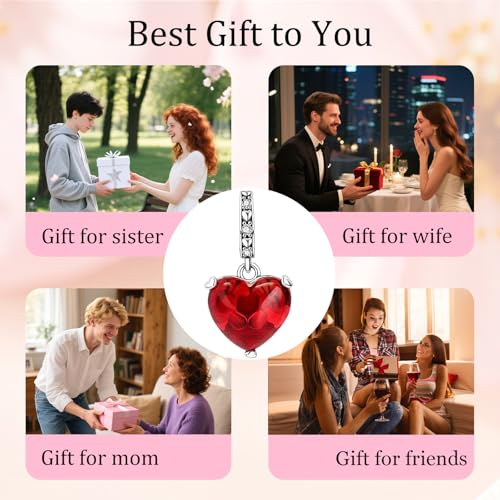 S925 Sterling Silver Cute Bead Charm for Pandora Bracelets and Necklaces | Lucky Clover Cute Animal Pink Bow Cherry Butterfly Pendant Bead Charms Jewelry Making Gifts for Women Valentines Mother's Day - style: Red Romantic Heart Charm