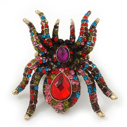 Avalaya Oversized Multicoloured Diamante Spider Stretch Cocktail Ring In Antique Gold Plating