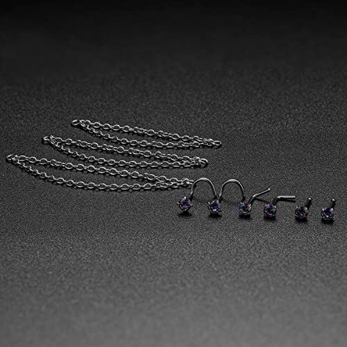 Nose Ring Chain Across Nose Black Stainless Steel Nostril Nose Piercing Chain with Cubic Zirconia Nose Screw Bone L-Shaped Ring for Women Body Piercing Nostril Jewelry with Bridge Chain - color: Silver-Double Nose Chain Studs